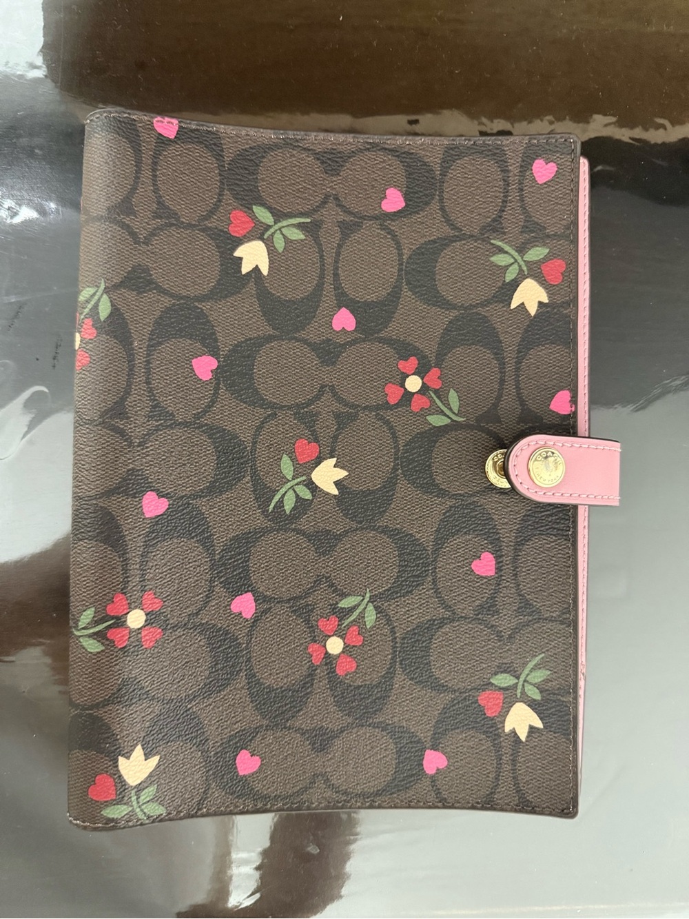 Coach Brown Signature Floral & Pink Heart Leather Tablet Folio for notebooks